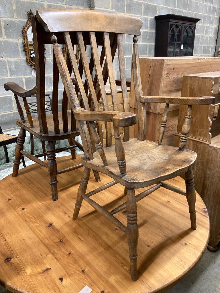 Two Windsor lathe back chairs and three modern chairs